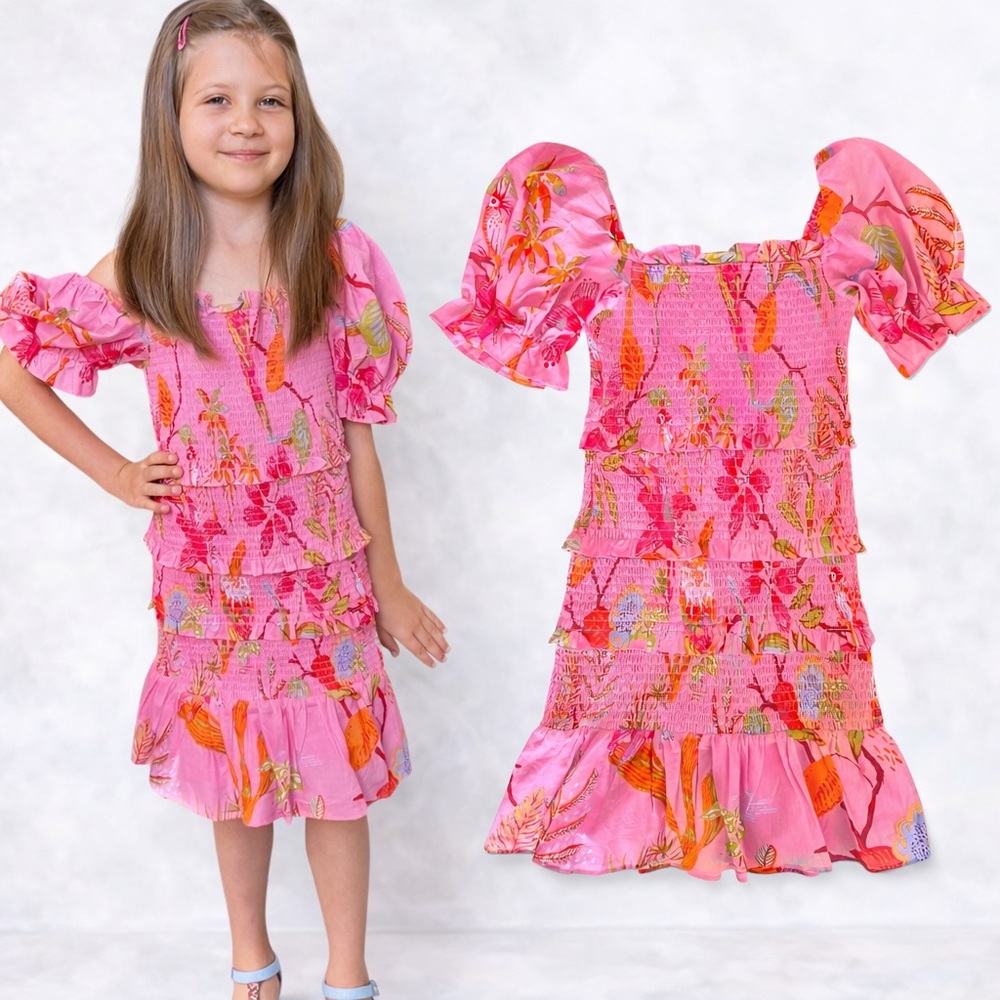 J.Marie Dress Girls Playa Puff Sleeve Pink Floral Size 7/8 NWT